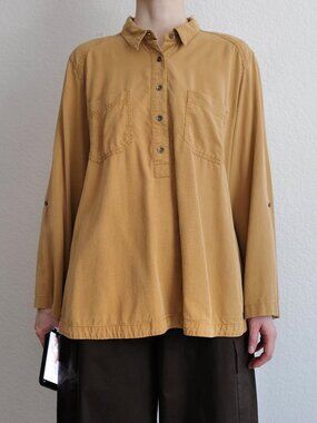 Multiples 100% Lyocell Long Sleeve Mustard Button-Up Lagenlook Blouse Oversized